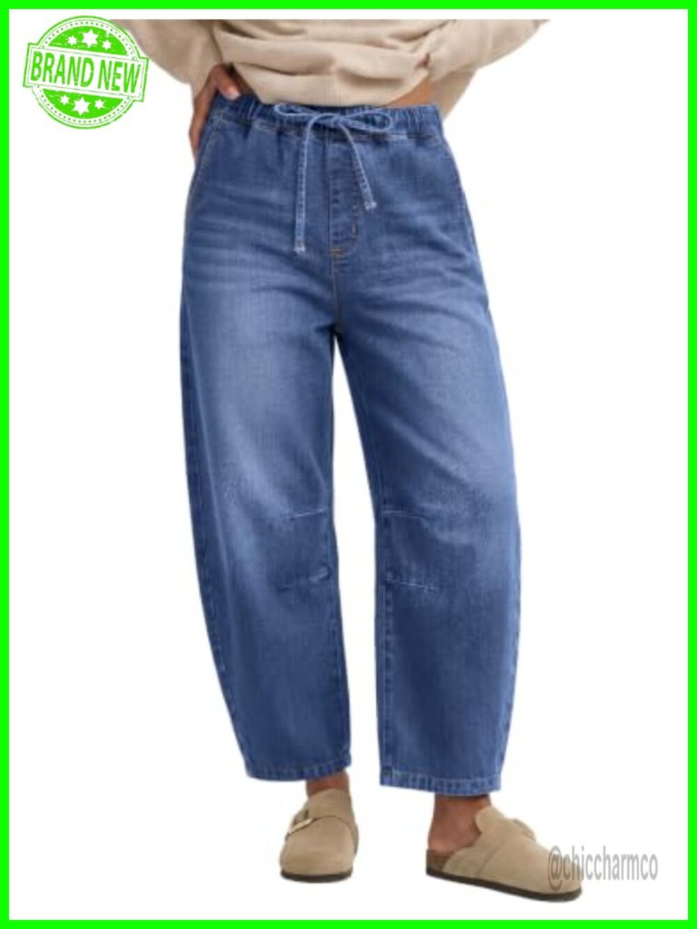 Trendy High Waisted Barrel Wide Leg Cropped Denim Jeans Pants